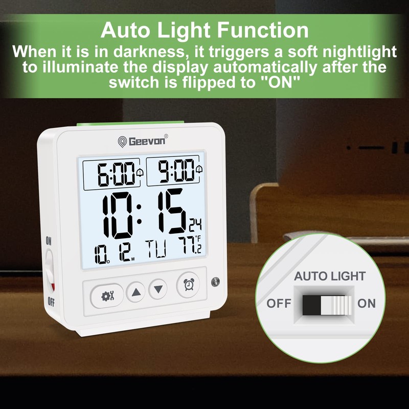 Geevon Atomic Travel Alarm Clock with Auto/8s Backlight, 2 Alarm