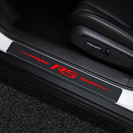4PCS Car Door Sill Protectors Carbon Fiber Leather Sticker Automotive Door Entry Guard Compatible with Chevy Camaro Accessories(Red Rs)