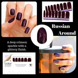 Color Street Russian Around Nail Polish Strips Set Dark Red Glitter Sparkle NEW