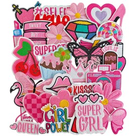 CXWLJL Pink Embroidered Patches Pink Theme Iron on Patches for DIY Sew Applique Repair Patch Cute Preppy Sew on Patches for Backpacks Pants Clothes Jeans - 32PCS