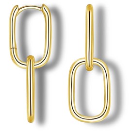 [Brand] 24K Gold Plated Oval & Square Hoop Earrings for Women, Adjustable Geometric Double Ring Convertible Link Earrings Hypoallergenic Jewelry Gifts