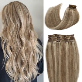 12 Inch Clip in Hair Extensions Real Human Hair, Ash Brown and Platinum Blonde Highlights Human Hair Clip in Extensions Double Weft Balayage Blonde Hair Extensions Clip ins 70g 7pcs