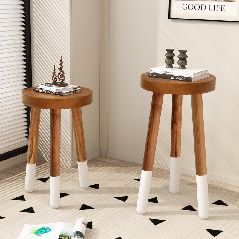 JOLLYMER Teak 11.8" Round Dip Dyed Teak Stool | Wood