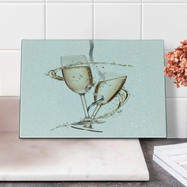 Lunarable Champagne Cutting Board, Print of Glassware Along Swirling Ribbon Refreshing Romantic Drink, Decorative Tempered Glass Cutting and Serving Board, Small Size, Pale Mustard and Dimgray