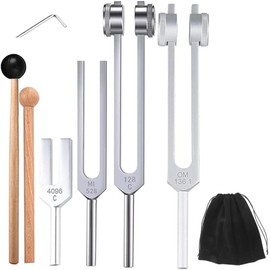 Roundsky 4-Piece Tuning Fork Set (128 Hz, 136.1 Hz, MI 528 Hz, 4096 Hz), for Chakra Healing, Sound Therapy, Stress Relief