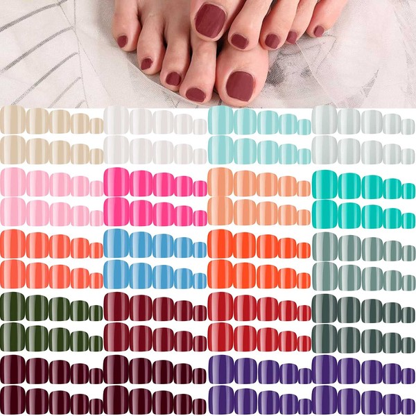 432 Pieces 18 Sets Solid Color Short False Toe Nails Glossy Press on Toe Nails Full Cover Square Fake Nails Colorful Artificial Nail Tips for Women, Girls, DIY Manicure (Retro Color)
