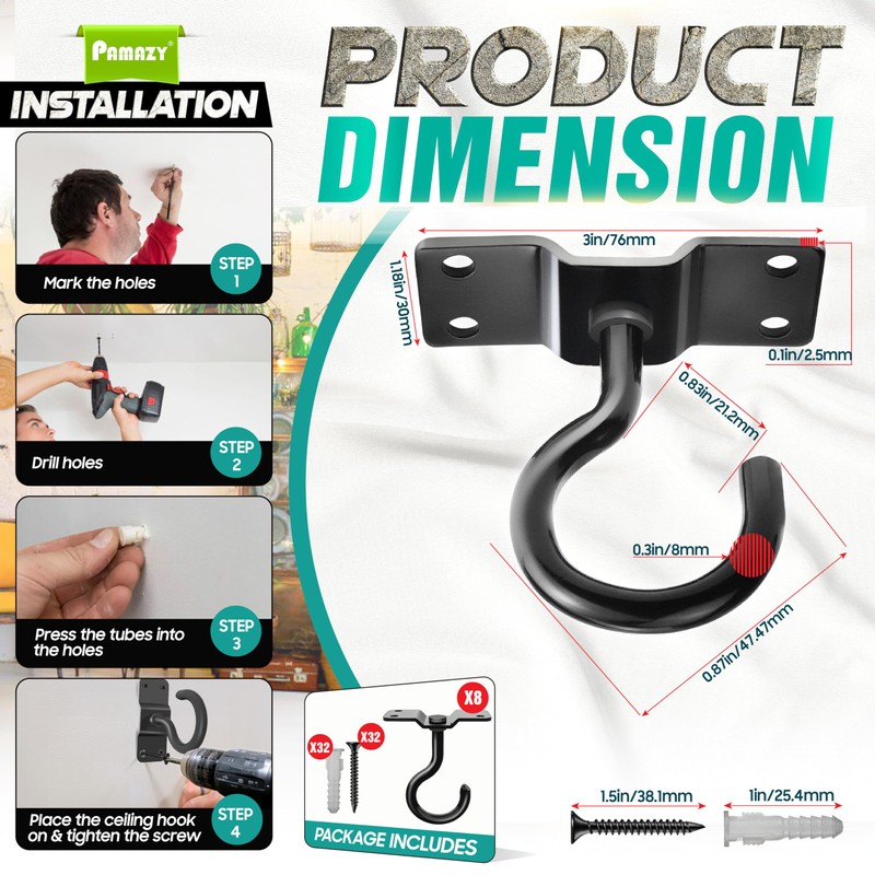 [Upgraded] 8Pcs 200LBS Rotatable Ceiling Hooks with 4 Screw Points