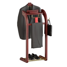 Dkjdssek Suit Valet Stand for Man and Women, Wood Clothing Valet Stand Suit with Contour Hanger, Tray, Trouser Bar, Tie Bar and Shoe Rack, for Entryway Office Living Room 40X35X114CM
