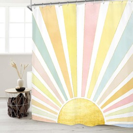 Miyotaa Colorful Sun Watercolor Shower Curtain Set 60Wx71H Inches 70s Retro Yellow Sunshine Sunrise Sunset Abstract Cute Girls Aesthetic Watercolor Waterproof Bathroom Curtain with 12 Hooks