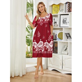 House Dresses for Women Plus Size With Pockets - Moomoo Nightgowns for Elderly Grandma - Short Sleeve Mumu Lounge Dress Sleepwear Wine Red XL