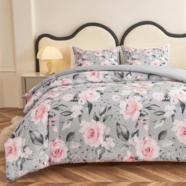 Koniroom 3 Pieces Pink and Grey Comforter Set Queen Size, Floral Bedding Sets with Pink Flowers and Leaves Pattern for Women Teen Girls, Reversible All Season Comforter with 2 Pillow Shams