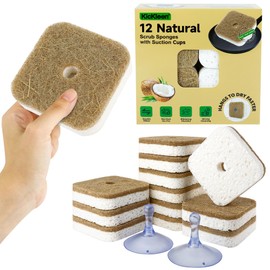 12Pack Kickleen Natural Kitchen Scrub Dish Sponge with Suction Hanger Biodegradable Compostable Cellulose and Coconut Non-Scratch Sponge for Kitchen, Bathroom, Household (White-12)