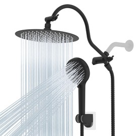 Hibbent All Metal CUPC Certified Shower Head, 10'' High Pressure Rainfall Shower Head, Handheld Showerhead Combo with 12'' Adjustable Extension Arm, 10-Spray, 71'' Hose, Shower Holder, Matte Black