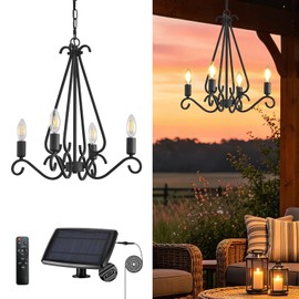 SADALAK Solar Chandelier Outdoor, 4 Candle-Style Dimmable Solar Powered Hanging Pendant Light Fixture, Waterproof Farmhouse Outdoor Decor Lighting for Gazebo, Pergola, Porch, Patio, Backyard, Garden