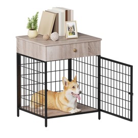 Dog Crate Furniture, Dog Crate Table, Decorative Dog Kennel with Drawer, Indoor Pet Crate End Table for Small Dog, Steel-Tube Dog Cage, Chew-Proof, Grey