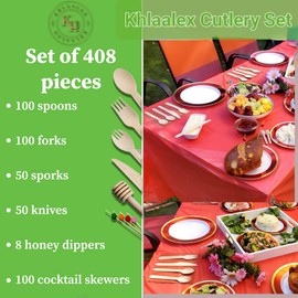 Khlaalex Disposable Wooden Cutlery Set - 408-Piece Compostable Utensils with Forks, Spoons, Knives, Sporks, Honey Dippers, and Cocktail Picks