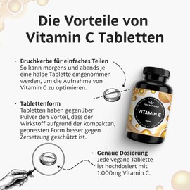 Vitamin C Set of 3 - 3 x 180 Tablets - High Dose with 1,000 mg per Tablet - Vitamin C as L-Ascorbic Acid - Vegan - Developed in Germany & Laboratory Tested