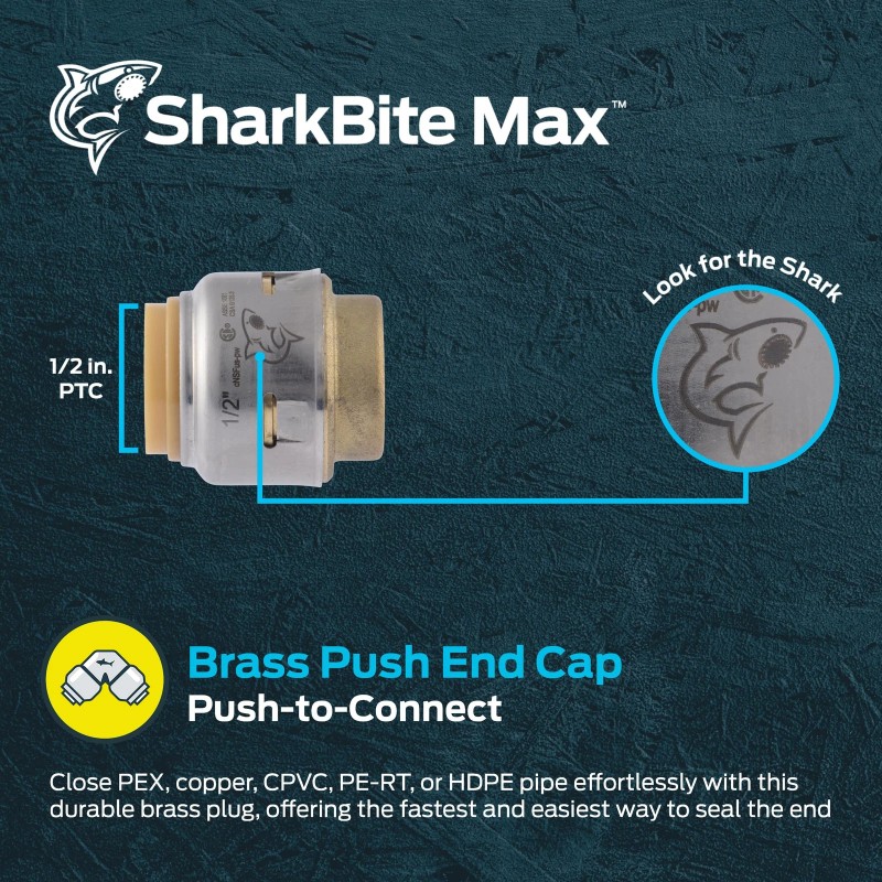 Sharkbite Max 1/2 Inch Push Cap Brass Plumbing Fitting Pex