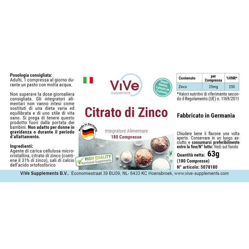 Zinc Tablets, 25 mg Made of Zinc Citrate, 180 Tablets,