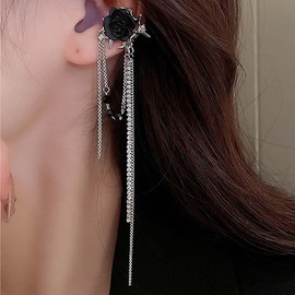 Atentuyi Boho Long Drop Dangle Earrings Silver Chain Tassel Earrings Ear Cuff Flower Earrings Black Rose Earrings Tiny Crystal Earrings Floral Gothic Earrings Jewelry for Women and Girls