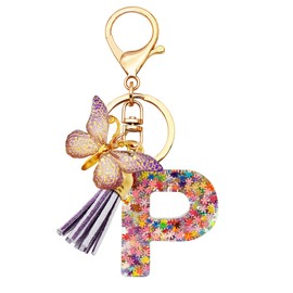 TTYY Initial Letter Keychain for Women Gift for Young Teenage Girl Gifts for Christmas to Mom Daughter Purple tassel (purple snow LetterP)