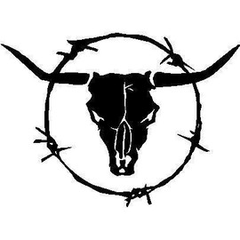 Black Vinyl Decal - Longhorn Bull Skull Barb Wire Farm Country, Die Cut Decal Bumper Sticker for Windows, Cars, Trucks, Laptops, Etc.