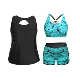 Holipick Women Blue Paisley Plus Size 3 Piece Tankini Swimsuits Athletic Bathing Suits with Boy Shorts Tank Top with Sports Bra 16W