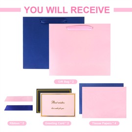 2PCS Elegant Gift Bags 11.8"x4.5"x9.8" with Ribbons Handles, Includes Cards and Tissue Papers for Weddings, Birthdays, Baby Shower Parties, Holidays (Pink+Blue）