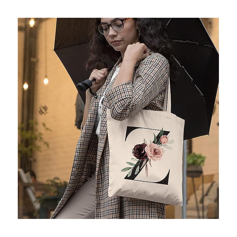 Floral Initial Canvas Bag Gifts for Women - 15"x16" Shoulder
