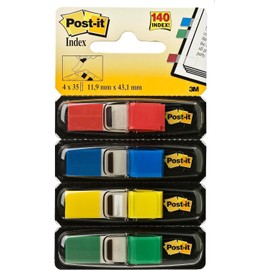 Post-it Index Small Flags, Pack of 4 Dispensers, 35 Flags per Dispenser,11.9 mm x 43.2 mm, Yellow, Red, Green, Blue Colors - To Mark, Highlight or Color Code Important Information