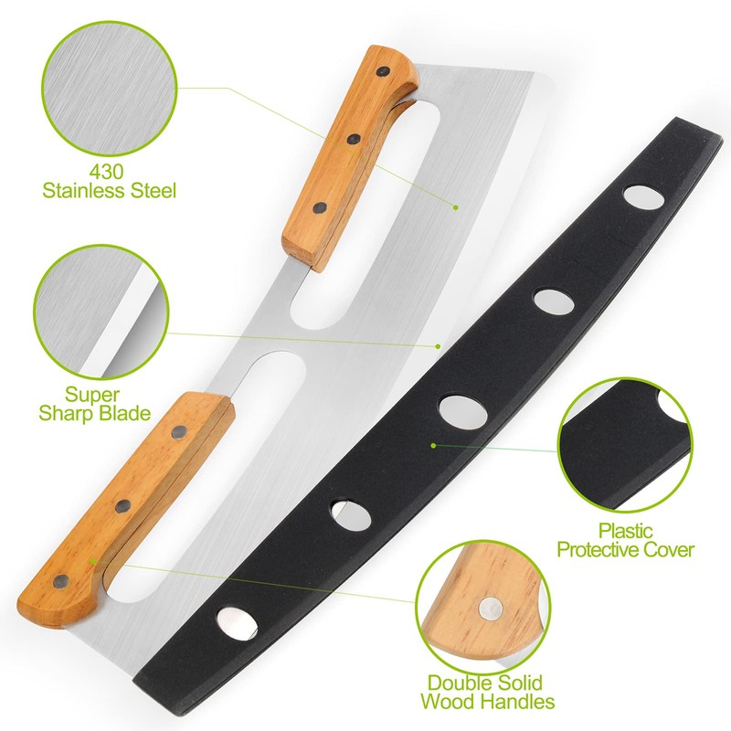 Pizza Cutter Rocker with Wooden Handles & Protective Cover by