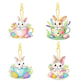 4pcs Diamond Art Keychain Kit DIY Handmade Painting Craft Kit 5D Mosaic Art Diamond Painting Special Shape Diamond Key Chain Accessories Bag Accessories (Cute Rabbit Diagram Keychain)