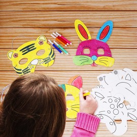 Xiuyer Masks for Colouring, Pack of 32 Animal Masks Children White Card Eye Masks with Elastic Rope and 50 Coloured Feathers for Painting and Designing for Boys Girls Crafts (22 Animals)