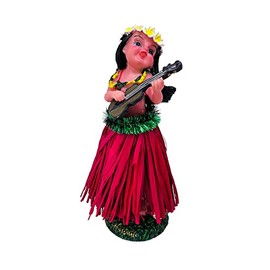 Hawaiian Hula Girl Dashboard Doll with Ukulele 6.5" with Spring and Sticky Base (Red Skirt)