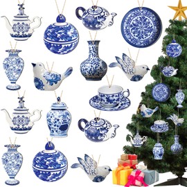 40 Pieces Christmas Chinoiserie Ornaments Blue and White Christmas Wooden Ornaments Hanging Chinoiserie Christmas Ornaments Ginger Jar Ornaments Teapot Bird Cup Ornament