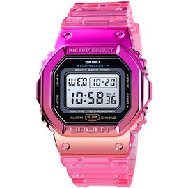 Gosasa Outdoor Sport Unisex Watches Back Light Digital Watches Transparent Multifunctional Wristwatch Casual Style Stopwatch Date 5Bar Waterproof (Red)