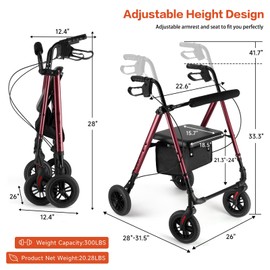 Ambliss All-Terrain Rollator Walker with 8" Wheels, Foldable Rolling Walker with Removable Tray Padded Seat & Backrest for Seniors (Red)