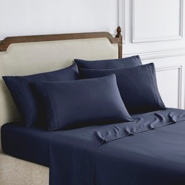 Modern Threads 6-Piece Bed Sheet Set - Deep Pocket, Soft Brushed Microfiber Sheets, Cool & Breathable for Mattress Up to 21 Inches, Includes 4 Pillowcases, Flat & Fitted Sheets, Navy King