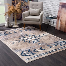RUG BRANCH Havana 2' x 6' (2'3" X 6') Boho South-Western Indoor Runner Rug, Contemporary, Blue Beige - Living Room, Bedroom, Dining Room, and Kitchen