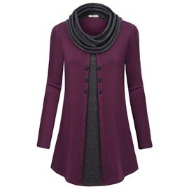 Bebonnie Fall Clothes for Women 2023,70s 80s Womens Long Sleeve Cowl Neck Warm Splicing Tunic Tops with Buttons Magenta Grey Large