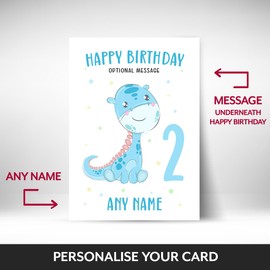 Dinosaur 2nd Birthday Card 2 Year Old Boy - Son Grandson Nephew - Blue Dinosaur 2nd Birthday Gifts for Boy Age 2, Dinosaur Birthday Card, 2nd