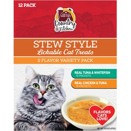 Country Kitchen Liquid Stew Cat Treats Variety Pack, Includes Tuna & Whitefish and Chicken & Tuna Made with Real Meat, 12ct