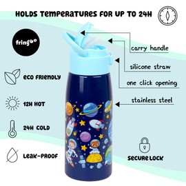 Fringoo 350ml Kids Water Bottle with Straw Stainless Steel Bottle,Insulated Double Wall, 100% Leakproof and Lockable, Carry Handle, 12hr temp control, Blue Space Design