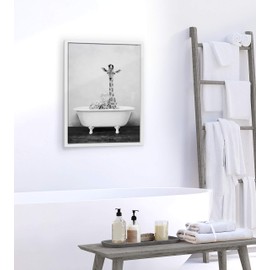 Kate and Laurel Sylvie Giraffe 2 in The Tub Framed Canvas Wall Art by Amy Peterson, 18x24 White, Whimsical Animal Art for Wall