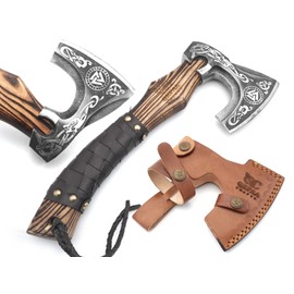 QEPAA CRAFTS 13” Inch Hand-Forged Viking Axe- Ash Wood Handle Hatchets and Axes with Leather Wrap, Wood Splitting Axe, Camping Axe, Throwing Axes and Tomahawks - Gift for Him (Valknut)