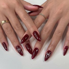 MERVF Almond Press on Nails Medium Fake Nails Press ons Red Burgundy Glue on Nails with Bow Rhinestones Design Stiletto Acrylic Nails Glossy 24pcs False Nails for Women