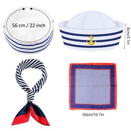 CarPlusStudio Sailor Hat Set - Striped Captain Hat with Navy Scarf, Sailor Outfit Accessories for Men and Women, Yacht Captain Hat, One Size, Perfect for Nautical Parties