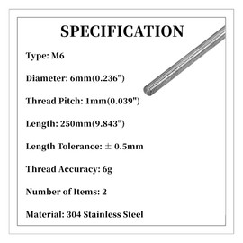 BELLA BAYS - Varilla roscada completamente completa, 2 piezas M6-1 de 6 mm x 250 mm (0.236 x 9.843 pulgadas), acero inoxidable 304, varilla roscada a la derecha, 6 g, precisión de la rosca, tolerancia