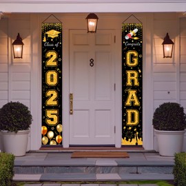 Graduation Porch Banner, 2 Pcs Congrats Grad Porch Banner & Graduation Door Banners for 2025 Graduation Party Decorations Supplies (Black & Gold)