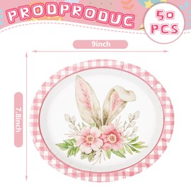 AnyDesign 50Pcs Easter Paper Plates Pink Plaid Bunny Ear Disposable Plate Decorative Floral Rabbit Oval Dinner Plates for Spring Baby Shower Wedding Party Decor, 7.8 x 9 In